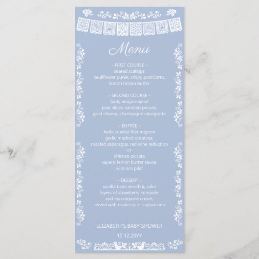 Cielito Lindo Dusty Blue Papel Picado Baby Shower Menu (Voorkant)