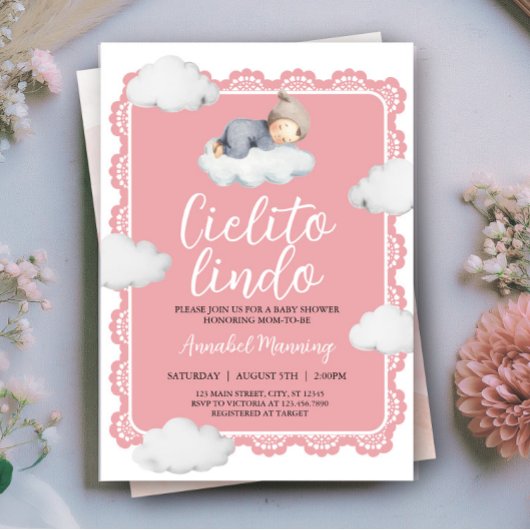 Cielito Lindo Pink Cloudy Sky Girl Baby shower Kaart