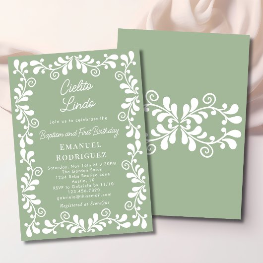 Cielito Lindo Sage Green Baptism & First Birthday Kaart