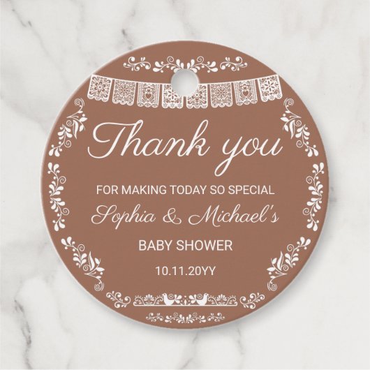 Cielito Lindo Terracotta Papel Picado Baby Shower Bedankjes Labels (Voorkant)