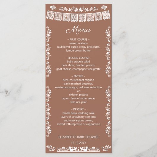 Cielito Lindo Terracotta Papel Picado Baby Shower Menu (Voorkant)