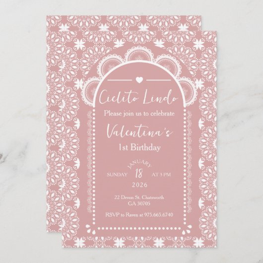 Cielito Lindo Uitnodiging 1e verjaardag Roze (Voorkant / Achterkant)