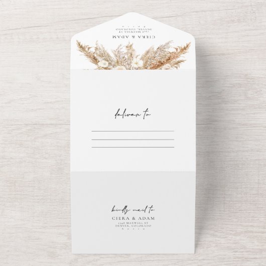 CIERA Bohehmian Herfst Pampas Grass Wedding All In One Uitnodiging (Buitenkant)