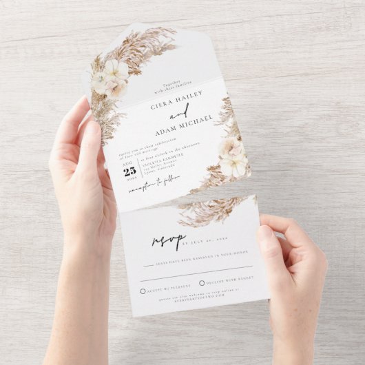CIERA Bohehmian Herfst Pampas Grass Wedding All In One Uitnodiging (Afscheurbaar)