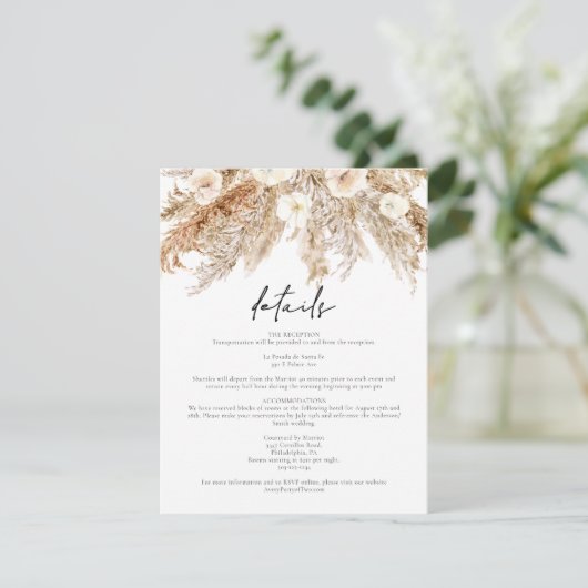 CIERA Bohemian Pampas Grass Wedding Details Card Kaart (Staand voorkant)