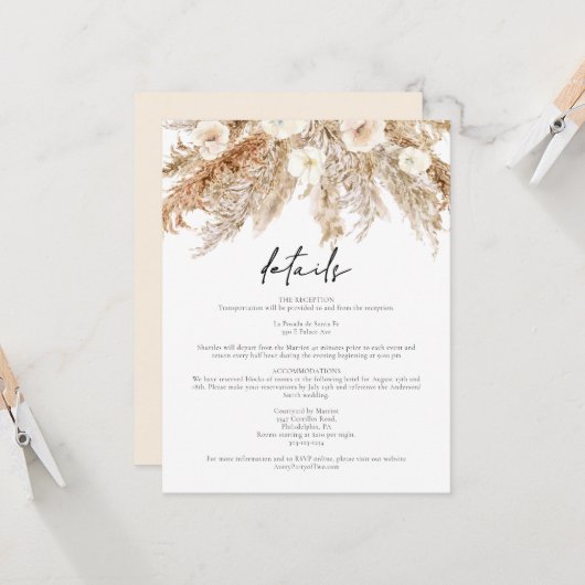 CIERA Bohemian Pampas Grass Wedding Details Card Kaart (Voorkant / Achterkant in situ)