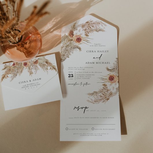 CIERA Bohemian Terracotta Pampas Grass Wedding All In One Uitnodiging
