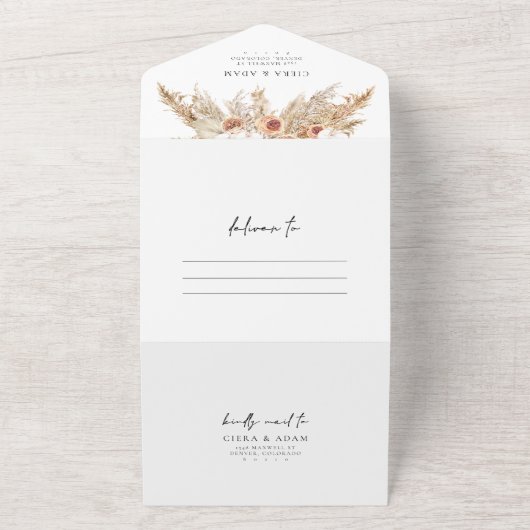 CIERA Bohemian Terracotta Pampas Grass Wedding All In One Uitnodiging (Buitenkant)