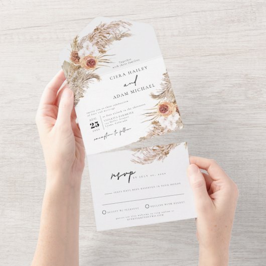 CIERA Bohemian Terracotta Pampas Grass Wedding All In One Uitnodiging (Afscheurbaar)