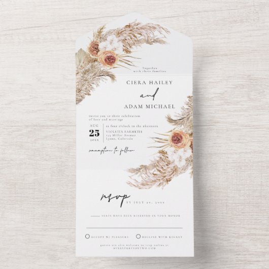 CIERA Bohemian Terracotta Pampas Grass Wedding All In One Uitnodiging (Binnen)
