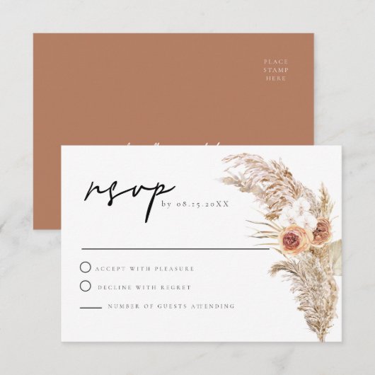 CIERA Boho Terracotta Floral Pampas RSVP Card Kaart (Voorkant / Achterkant)