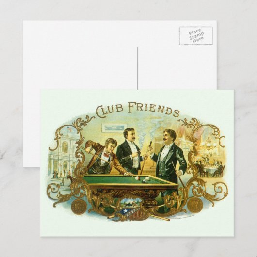 Cigar Label Art, Club Friends Billiards Briefkaart (Voorkant / Achterkant)