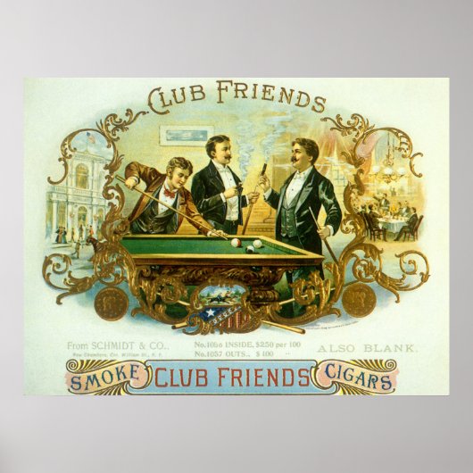  Cigar Label Art, Club Friends Billiards Poster (Voorkant)