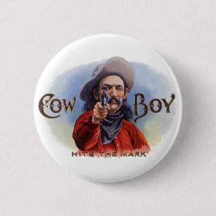 Cigar Label Art, Cowboy past het merk aan Ronde Button 5,7 Cm