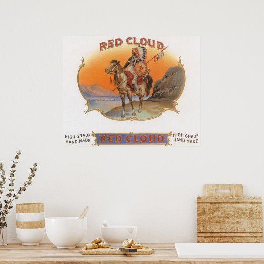 Cigar Label Art, Red Cloud Indian op paard Poster (Keuken)