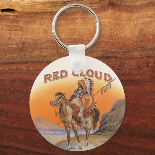 Cigar Label Art, Red Cloud Indian op paard Sleutelhanger (Voorkant)