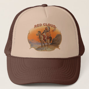 Cigar Label Art, Red Cloud Indian op paard Trucker Pet