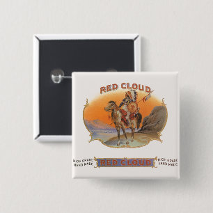 Cigar Label Art, Red Cloud Indian op paard Vierkante Button 5,1 Cm