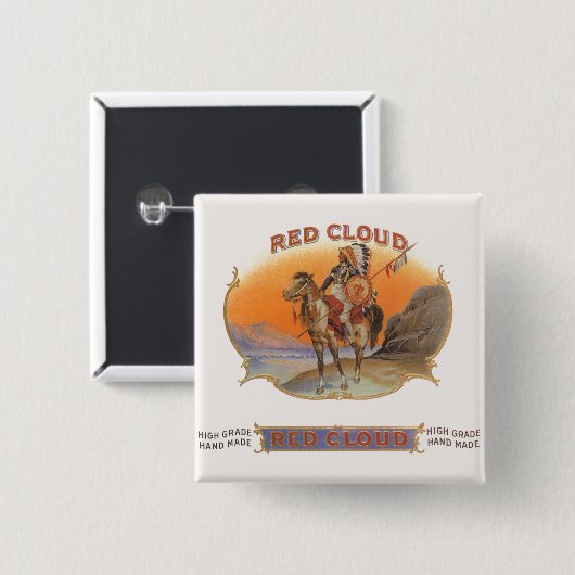 Cigar Label Art, Red Cloud Indian op paard Vierkante Button 5,1 Cm (Voorkant /achterkant)