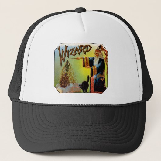 Cigar Label Art, Wizard met zwart katje Trucker Pet (Voorkant)