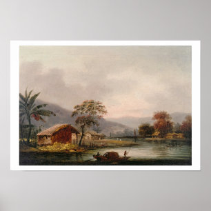 Cijfers die een Sampan rond een kuil in een rivier Poster