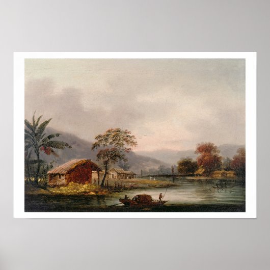 Cijfers die een Sampan rond een kuil in een rivier Poster (Voorkant)