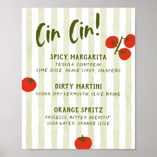 Cin Cin Tomato Bruiloftsfeest Bar Menu Poster (Voorkant)