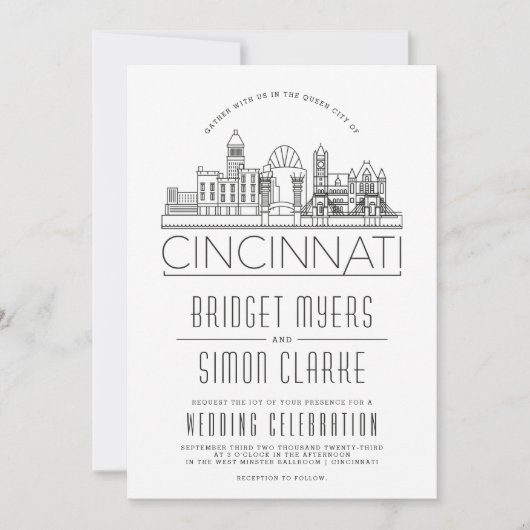 Cincinnati bruiloft gestileerde skyline uitnodigin kaart (Voorkant)