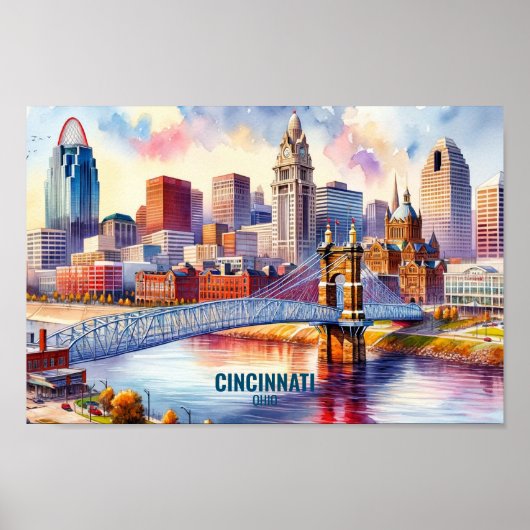 Cincinnati Ohio Beroemde Reisplaatsen waterverf Poster (Voorkant)