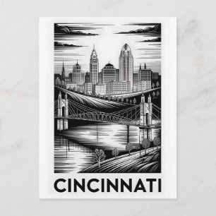 Cincinnati Ohio Silhouet Zwart Wit Houtsnede Briefkaart
