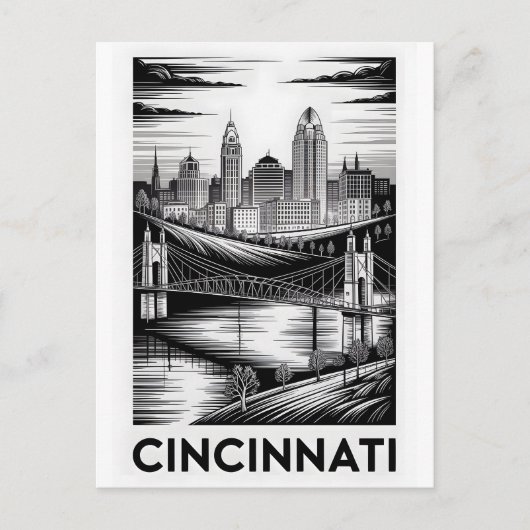 Cincinnati Ohio Silhouet Zwart Wit Houtsnede Briefkaart (Voorkant)