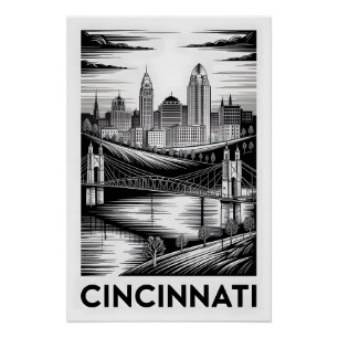 Cincinnati Ohio Silhouette Zwart Wit Houtsnede Perfect Poster