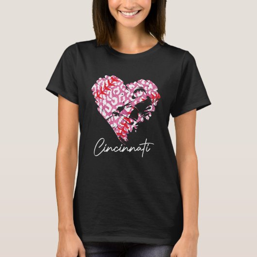 Cincinnati Pink Leopard Baseball Heart Baseball T-shirt (Voorkant)