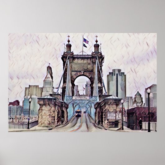 Cincinnati Roebling Suspension Bridge Waterverf Poster (Voorkant)
