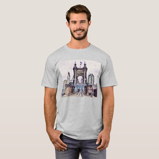 Cincinnati Roebling Suspension Bridge Waterverf T-shirt (Voorkant volledig)