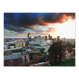 Cincinnati skyline bij zonsondergang foto afdruk