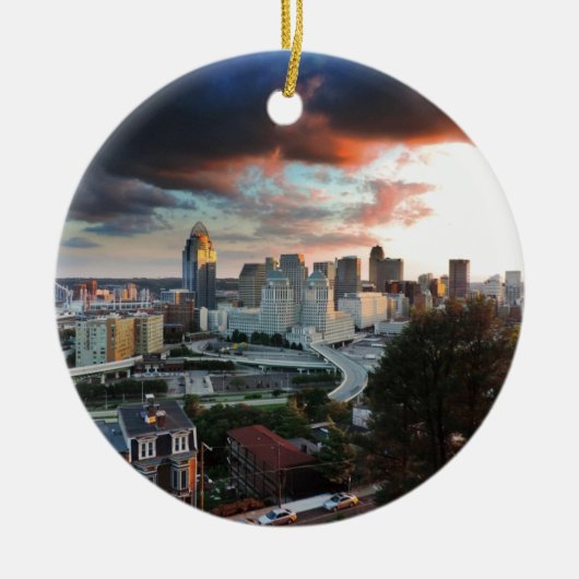 Cincinnati skyline bij zonsondergang keramisch ornament (Voorkant)