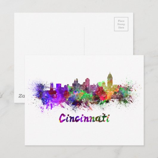 Cincinnati skyline in watercolor briefkaart (Voorkant / Achterkant)