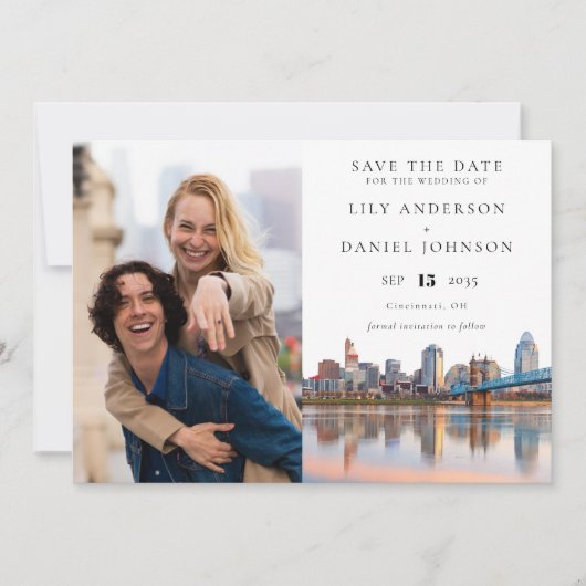 Cincinnati Skyline Watercolor Photo Wedding Save The Date (Voorkant)