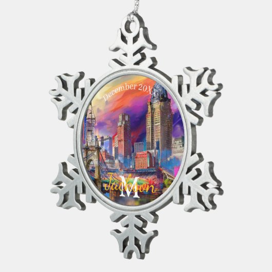 Cincinnati Snowflake Pewter Kerstversiering Tin Sneeuwvlok Ornament (Rechts)