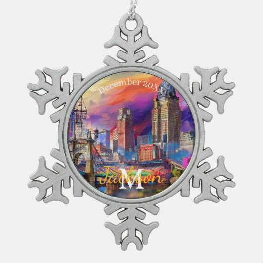 Cincinnati Snowflake Pewter Kerstversiering Tin Sneeuwvlok Ornament (Voorkant)