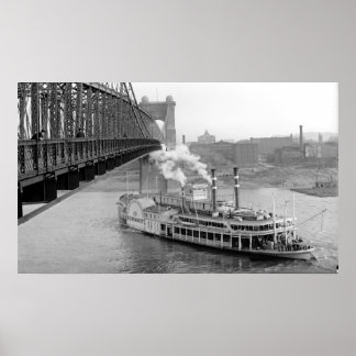 Cincinnati Suspension Bridge and Steamboot 1906 BW Poster