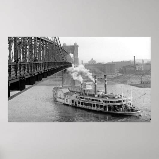 Cincinnati Suspension Bridge and Steamboot 1906 BW Poster (Voorkant)