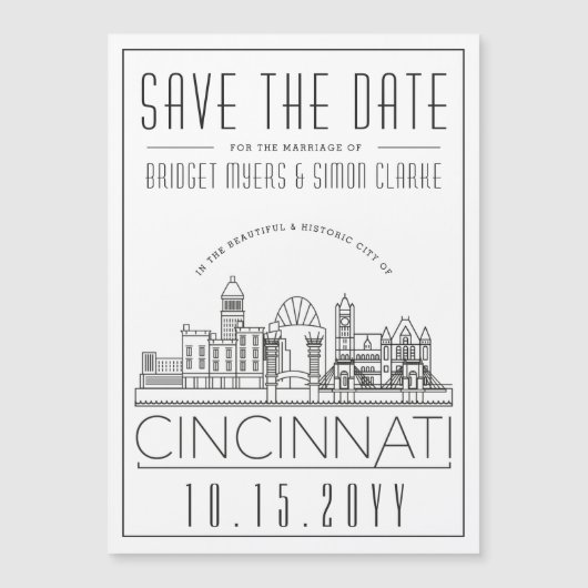 Cincinnati Wedding Stylized Skyline sparen de Datu Magnetische Uitnodiging (Voorkant)