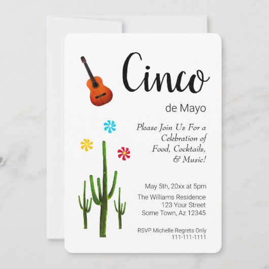 Cinco de Mayo Cactus Black White Party Invitation Feestdagenkaart (Voorkant)