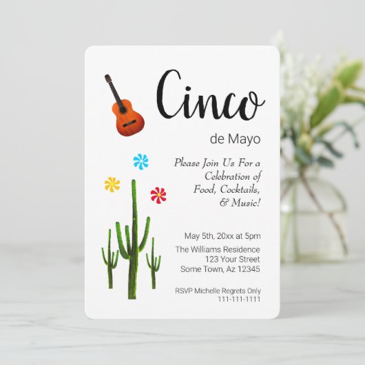 Cinco de Mayo Cactus Black White Party Invitation Feestdagenkaart (Staand voorkant)