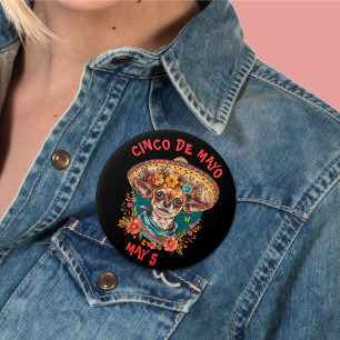 Cinco de Mayo Chihuahua Dragen Sombrero & Serape Ronde Button 7,6 Cm