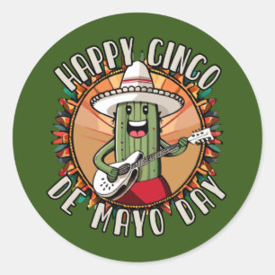 Cinco De Mayo Grappige Mexicaanse Cactus Speelt Gi Ronde Sticker