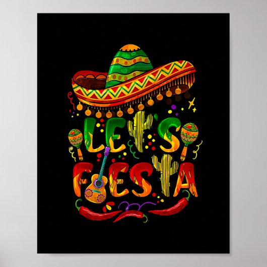 Cinco De Mayo Mexican Guitar Cactus Lets Fiesta Poster (Voorkant)