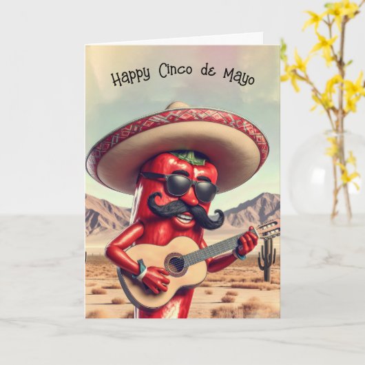 Cinco de Mayo Red Chili Pepper Gitarist Kaart (Gele Bloem)